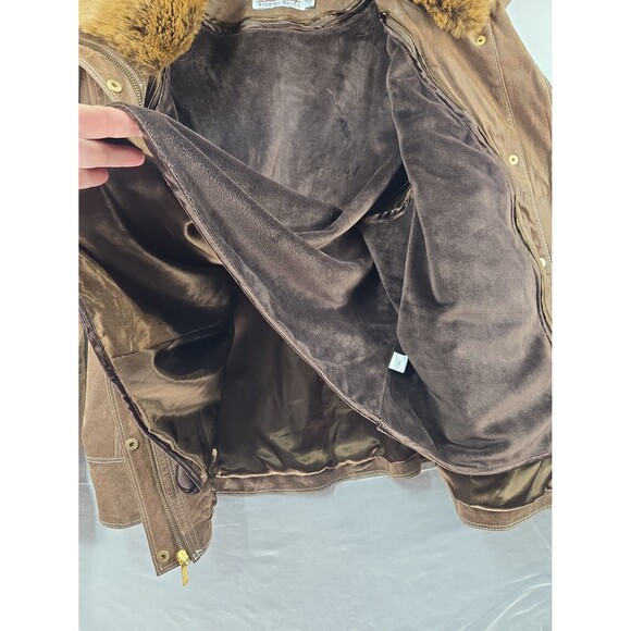 Y2K Bradley Bayou Leather Brown Bomber Coat Jacket Removable Fur Collar Wom XL - Picture 6 of 12